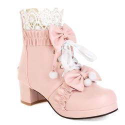 Student Sweet Stiefeletten Mit Schleifen 2023 Neu Damen Schnür Kurz Stiefel Lolita Cosplay Ankle Boots PU-Leder Booties Mit Blockabsatz Elegant Knöchel Schuhe Für Outdoor, Party ( Color : Pink , Size von MEECHI