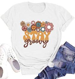 Stay Groovy Shirt für Damen Floral Graphic Retro Shirts Hippie 70er Jahre Tee Sommer Tee Tops, Weiss/opulenter Garten, X-Groß von MEESHEEP