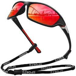 MEETSUN Polarisierte Sport-Sonnenbrille für Männer und Frauen, Fahren, Radfahren, Angeln, Sonnenbrille, 100% UV400-Schutz, schwarzer Rahmen - rote Spiegelgläser von MEETSUN