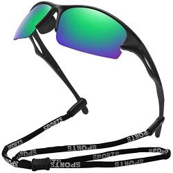 MEETSUN Sport Polarisierte Sonnenbrille für Herren Damen Halbrahmen Fahren Angeln Radfahren Sonnenbrille 100% UV400 Schutz Schwarzer Rahmen-Grüne Spiegelgläser von MEETSUN
