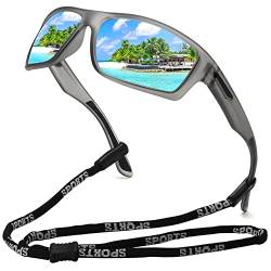MEETSUN Sport Polarisierte Sonnenbrille für Männer Frauen Fahren Radfahren Angeln Sonnenbrille 100% UV400-Schutz Klarer grauer Rahmen-Blaue Spiegelgläser von MEETSUN
