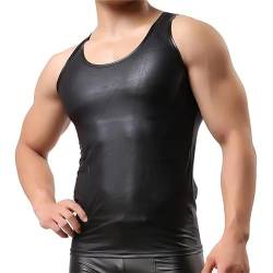 Herren Shirt Leder Optik Unterhemd Fitness Tank Top Slim Fit Wetlook T-Shirt Enge Weste Nachtclub Muskelshirt Hemd Ärmelloses Weste Reizwäsche Clubwear (schwarz,M) von MEGAHERZ