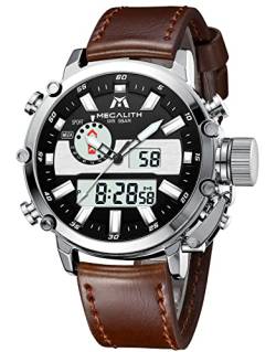 MEGALITH Herren Uhr Digital Armbanduhr: Multifunktions Sportlich Digitaluhr Lederarmband Braun - Analog Quarz Uhr fur Männer von MEGALITH