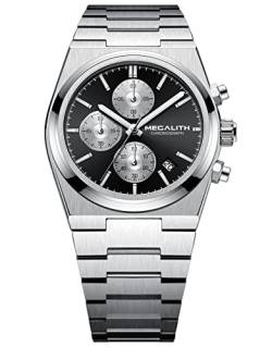 MEGALITH Herren Uhren Silber Edelstahl-Chronograph： 100M Wasserdicht Analog Zifferblatt Kalender Business Sport Design Armbanduhr Männer Schwarz von MEGALITH