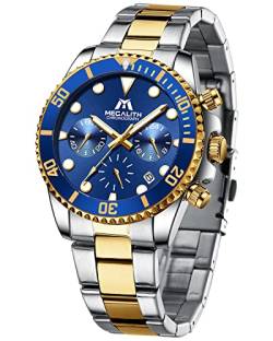MEGALITH Herrenuhr 40mm Chronograph Quarz Armbanduhr Herren Edelstahl Wasserdicht Uhren Datum Leuchtende, Mode Geschenk für Männer - Gold Blau von MEGALITH