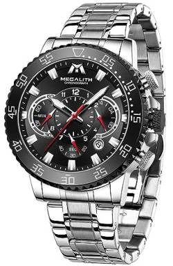 MEGALITH Herrenuhr 45mm Chronograph Quarz Herren Armbanduhr Edelstahl Groß Wasserdicht Leuchtend Kalender Uhren Herren Silber, Geschenk für Männer von MEGALITH