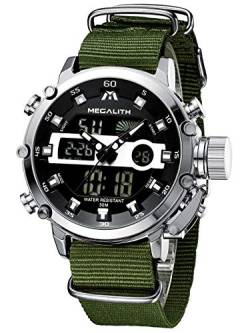MEGALITH Herrenuhr Militär Digitaluhr Sportlich - Armbanduhr Herren Groß Wasserdicht LED Uhren fur Männer Grünes Nylon Stoppuhr Wecker Kalender von MEGALITH
