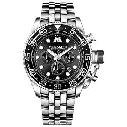 MEGALITH Herrenuhr Silber Edelstahl Chronographen Armbanduhr Herren Wasserdicht Groß Analog Uhr Herren Business Design Uhren fur Männer Schwarz Zifferblatt Kalender Leuchtend von MEGALITH