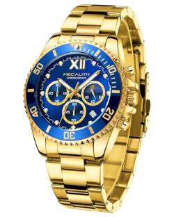 MEGALITH Uhren Herren Chronograph Edelstahl - Herrenuhr Gold Blau Moon Phase 43mm Designer Wasserdicht Armbanduhr Herren Groß Datum Leuchtende Männer Uhr Analog Quarz, Geschenk für Männer von MEGALITH