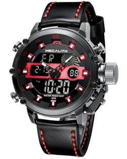 MEGALITH Uhren-Herren Militär Digitaluhr Sportlich - Armbanduhr Herren 45mm Groß Zifferblatt Wasserdicht LED Uhren fur Männer Schwarz Leder Stoppuhr Wecker Kalender von MEGALITH