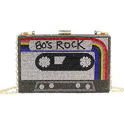 MEGAUK Damen Clutch Glitzer Audiokassetten Optik Abendtasche Glänzend Handtasche mit Kette für Club Rock von MEGAUK