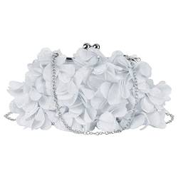 MEGAUK Damen Elegante Handtasche Blumen Clutch Seide Abendtasche Henkeltasche Crossbody Bag mit Kette Kisslock Design, Silber von MEGAUK