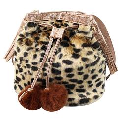 MEGAUK Damen Herbst Winter Bucket Bag Beuteltasche Kunstpelz Handtasche Flauschig Umhängetasche Plüsch Schultertasche mit Kordelzug Leopard Muster Braun von MEGAUK