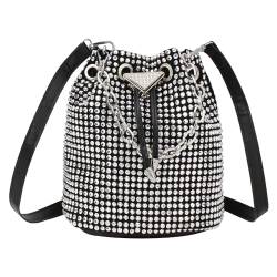 MEGAUK Damen Nieten Handtasche Beuteltasche Bucket Bag Umhängetasche Cross Body Taschen Punk Clutch Bag Kette Fransen Abendtasche (Silber Schwarz) von MEGAUK