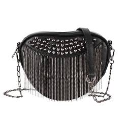 MEGAUK Mini Niet Handtasche Kette Fransen Umhängetasche Cross Body Taschen Elegante Kettentasche Punk Clutch Bag Abendtasche mit Kette Riemen Metall Schultergurt von MEGAUK