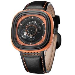 MEGIR Herren Uhren Hohl Automatik Mechanische Rechteckig mit Braun Leder Armband Orange Zifferblatt Limited Edition von MEGIR