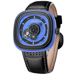 MEGIR Herren Uhren Hohl Automatik Mechanische Rechteckig mit Schwarz Leder Armband Blaues Zifferblattmit Limited Edition von MEGIR