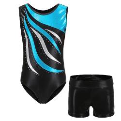 MEILONGER Gymnastikanzug Mädchen，turnanzug mädchen Ärmellos,Ballett Gymnastikbody Turntrikot Gymnastikhose Shorts，2er Set Kinder Glänzende Turnanzug mit Strasssteine(Himmelblau,6-7) von MEILONGER