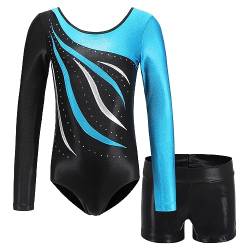 MEILONGER Gymnastikanzug Mädchen，turnanzug mädchen langarm,Ballett Gymnastikbody Turntrikot Gymnastikhose Shorts，2er Set Kinder Glänzende Turnanzug mit Strasssteine(Himmelblau,8) von MEILONGER