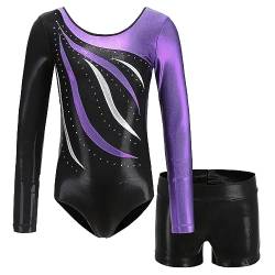 MEILONGER Gymnastikanzug Mädchen，turnanzug mädchen langarm,Ballett Gymnastikbody Turntrikot Gymnastikhose Shorts，2er Set Kinder Glänzende Turnanzug mit Strasssteine(Lila,14-16) von MEILONGER