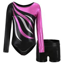 MEILONGER Gymnastikanzug Mädchen，turnanzug mädchen langarm,Ballett Gymnastikbody Turntrikot Gymnastikhose Shorts，2er Set Kinder Glänzende Turnanzug mit Strasssteine(Rosenrot,6-7) von MEILONGER