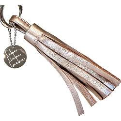 Schlüsselanhänger Taschenanhänger mit Leder-Quaste in Champagne und Mantra-Charm aus Edelstahl LEBE LIEBE LACHE von MEIN MANTRA by alexa