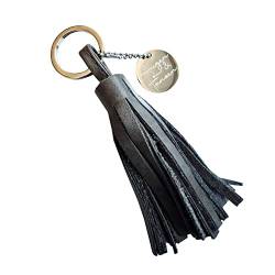 Schlüsselanhänger Taschenanhänger mit Leder-Quaste in Grau und Mantra-Charm aus Edelstahl AUGEN ZU UND TANZEN von MEIN MANTRA by alexa