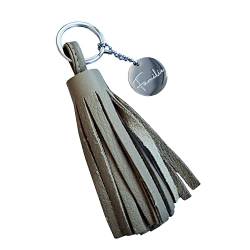Schlüsselanhänger Taschenanhänger mit Leder-Quaste in Taupe und Mantra-Charm aus Edelstahl FAMILIE von MEIN MANTRA by alexa