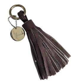 Schlüsselanhänger Taschenanhänger mit Leder-Quaste in Taupe und Mantra-Charm aus Edelstahl GLÜCK von MEIN MANTRA by alexa