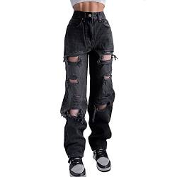Damen Loose Jeans Ripped Distressed Holes High Waist Cut Straight Casual Baggy Denim Pants Hosen E-Girls Y2K Streetwear, Schwarz, L von MEKIN