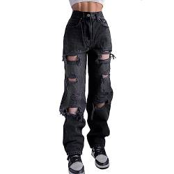 MEKIN Damen Loose Jeans Ripped Distressed Holes High Waist Cut Straight Casual Baggy Denim Pants Hosen E-Girls Y2K Streetwear (as3, Alpha, l, Regular, Regular, schwarz) von MEKIN