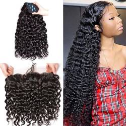 50cm 55cm 60/ 3x100g/ 3PCS EXTENSION Natürliches brasilianisches Echthaar 100% Remy Virgin Hair, Curly Water Wave Curl Extension für Frauen Farbe #1 + 1 VerschlussL 13x4 von 18". von MEL Y TRENZAS