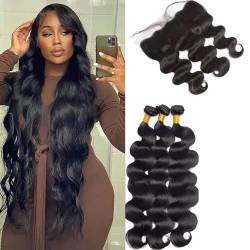 50cm 55cm 60 / 3x100g/ 3PCS/ EXTENSION Natürliches brasilianisches Echthaar 100% Remy Virgin Unprocessed Hair, Vorhangverlängerung für Frauen Körperwelle Farbe #1 + 1 LACE FRONT 13x4 von 18". von MEL Y TRENZAS