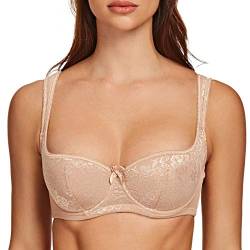 MELENECA Damen Balconette BH mit Bügel Sexy Spitzen BH - Push Up Stütz BH Beige 70G von MELENECA