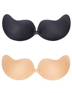 2 Stück Klebe BH Push Up Selbstklebend Trägerloser BH Rückenfrei Unsichtbarer Ohne Träger BH mit Vorderer Schnalle für Badeanzug Kleid Hochzeitskleid, Schwarz und Nude von MELLIEX