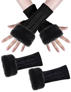 MELLIEX 1 Paar Damen Fingerlose Handschuhe, Winter Armstulpen Handschuhe Fingerlos Warm Plüsch Gestrickte Kurze Fäustlinge für Damen Mädchen（Schwarz） von MELLIEX