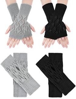 MELLIEX 2 Paar Fingerlose Handschuhe Damen, Winter Pulswärmer Handschuhe, Strick Handstulpen (Schwarz/Grau) von MELLIEX