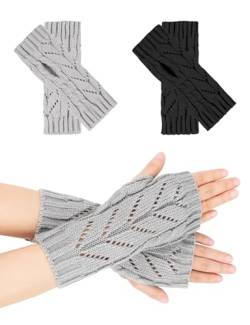 MELLIEX 2 Paar Halb Fingerlose Handschuhe Hohlschnitzer Design Schwarz und Gey Fleece Handschuhe Damen Herren Strickhandschuhe von MELLIEX