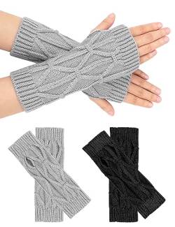 MELLIEX 2 Paar Halb Fingerlose Handschuhe Schwarz und Gey Fleece Handschuhe Damen Herren Strickhandschuhe von MELLIEX