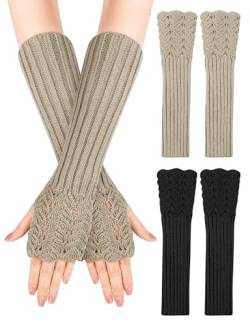 MELLIEX 2 Paar Lange Fingerlose Handschuhe, Winter Stricken Halbfingerhandschuhe Armstulpen mit Daumenloch für Damen Herren von MELLIEX