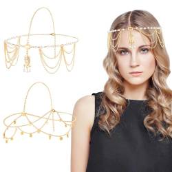 MELLIEX 2 Stück Kopfkette Gold Boho Quaste Kopfschmuck Perlen Pailletten Haarkette für Frauen und Mädchen von MELLIEX