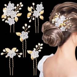 MELLIEX 5 Stück Hochzeit Haarnadeln, Blumen Perlen Braut Haarschmuck Silber Brautschmuck Haare U-förmig Hochzeit Haarspangen für Frauen Mädchen von MELLIEX