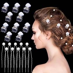 MELLIEX Kleine Haarschmuck Hochzeit, 10 Stück Mini Haarklammern mit Rose und 10 Stück U-förmige Perlen Haarnadeln Set für Braut(Weiß) von MELLIEX