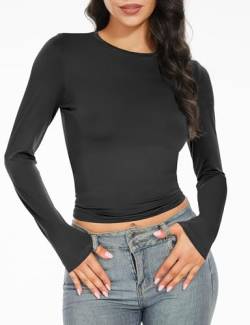 MELLIEX Langarmshirt Damen Eng Stretch Slim Fit Crop Top Langarm Fahion Rundhals Y2K Top Schwarz, L von MELLIEX