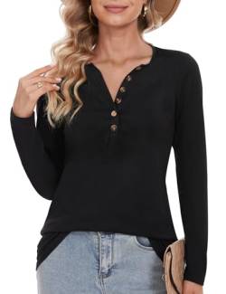 MELLIEX Langarmshirt Damen Henley Button Oberteile Casual V-Ausschnitt Shirt Langarm, S von MELLIEX