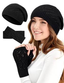 MELLIEX Winter Beanie Mütze und Fingerlose Handschuhe Set, Warmes Strickmütze und Handstulpen mit Hohlgeschnitztem Design für Frauen von MELLIEX