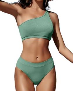 MELYUM Damen-Bikini-Set mit einer Schulter, hohe Taille, zweiteilig, gerippt, Bauchkontrolle, Badeanzug für Teenager, Grüner Damen-Badeanzug mit einer Schulter, XL von MELYUM