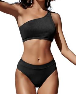 MELYUM Damen-Bikini-Set mit einer Schulter, hohe Taille, zweiteilig, gerippt, Bauchkontrolle, Badeanzug für Teenager, Schwarzer Badeanzug mit einer Schulter, S von MELYUM