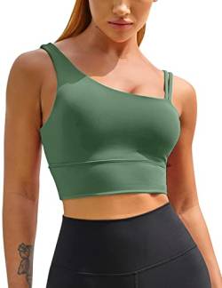 MELYUM Damen One Shoulder Sport BH Longline Padded Workout Crop Tank Tops Fitness Yoga Asymmetrisches Top, Tiefgrüner Sport-BH, Groß von MELYUM