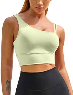 MELYUM Langer Sport-BH für Damen, ein Riemen, Workout, bauchfrei, Tank-Top, unterstützend, Yoga, offener Rücken, asymmetrische Activewear, Hellgrün, Medium von MELYUM